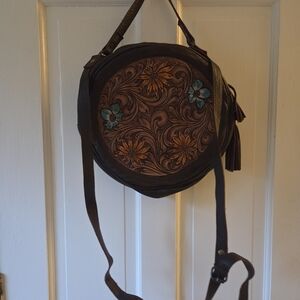 Round Brown Floral Tooled Leather Crossbody Bag